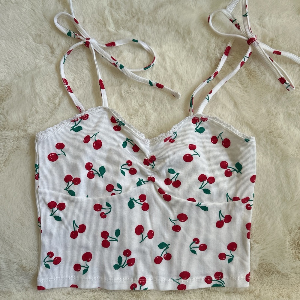 Cherry Print White Crop Top